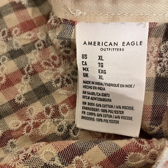 American Eagle womens shirt XL top crop plaid gingham embroider cream red AEO - Picture 7 of 9